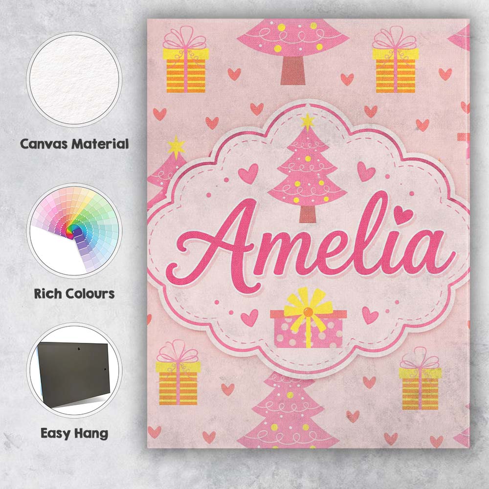 Personalised Name Cute Pink Christmas Tree Custom  Unique Gift Idea Elegant Feature Canvas Wall Art Print Decor Picture Ready to Hang