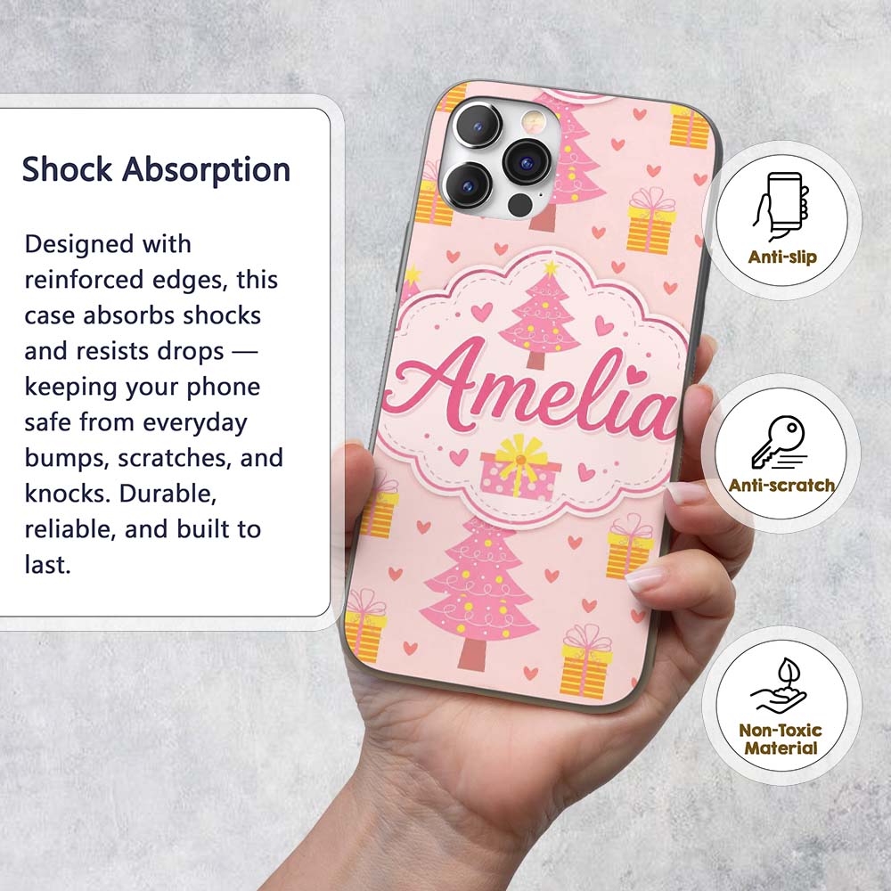 Cute Pink Christmas Tree Gift Box Heart Seamless Custom Name Protective Phone Case Mobile Cover Durable Everyday Smartphone Shock Resistant