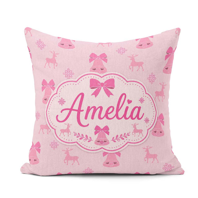 Custom Name Pink Bell Bow Reindeer Snowflake Christmas Seamless Square Filled Cushion Throw Pillow Sofa Bed Home Decor Zip Washable UK Made