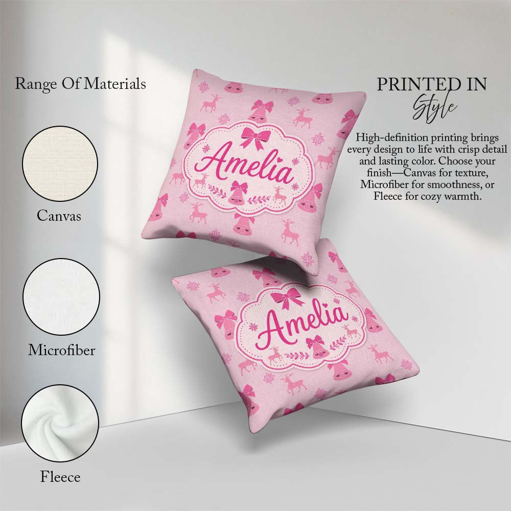 Custom Name Pink Bell Bow Reindeer Snowflake Christmas Seamless Square Filled Cushion Throw Pillow Sofa Bed Home Decor Zip Washable UK Made