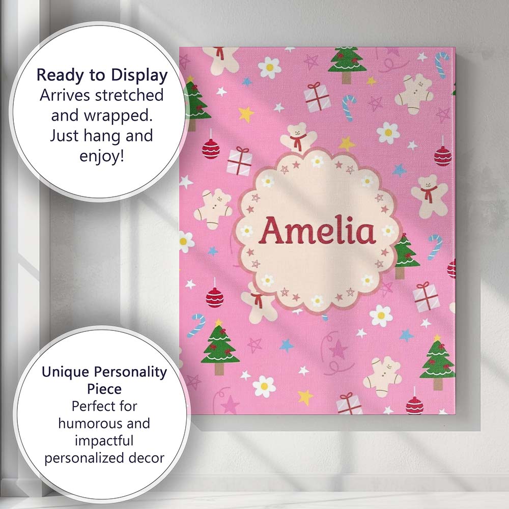 Personalised Name Cute Christmas Gingerbread Custom Bespoke  Contemporary Display Canvas Wall Art Print Decor Picture Ready to Hang