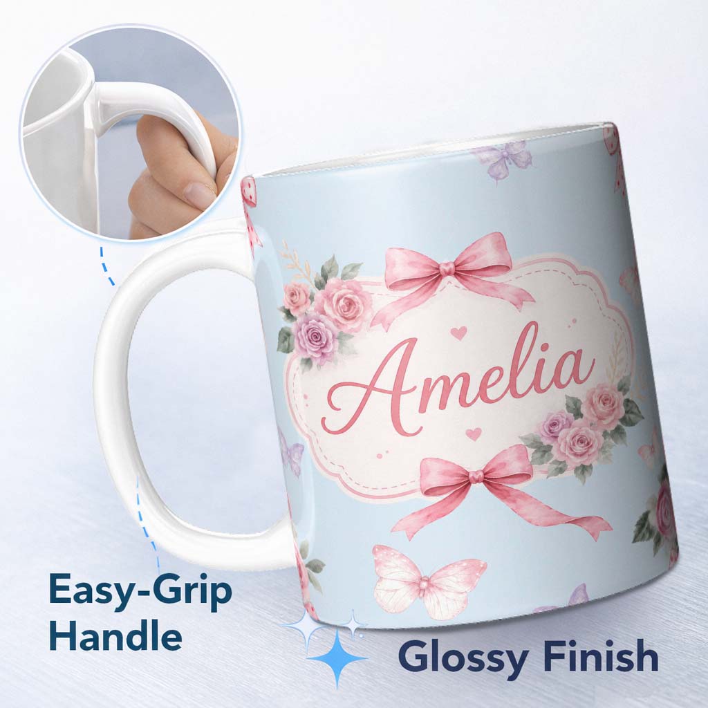Personalized Custom Name Elegant Watercolor Rose Bouquet Ribbon Butterfly Soft Blue Lovely 11oz Ceramic Coffee Tea Mug White Large Handle