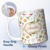 Personalized Custom Name Cute Christmas Cookies Candy Cane Festive Seamless Pattern Lovely 11oz Ceramic Coffee Tea Mug White Large Handle