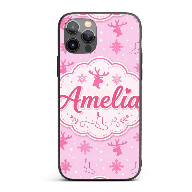Minimal Pink Reindeer Snowflake Stocking Seamless Custom Name Protective Phone Case Mobile Cover Durable Everyday Smartphone Shock Resistant