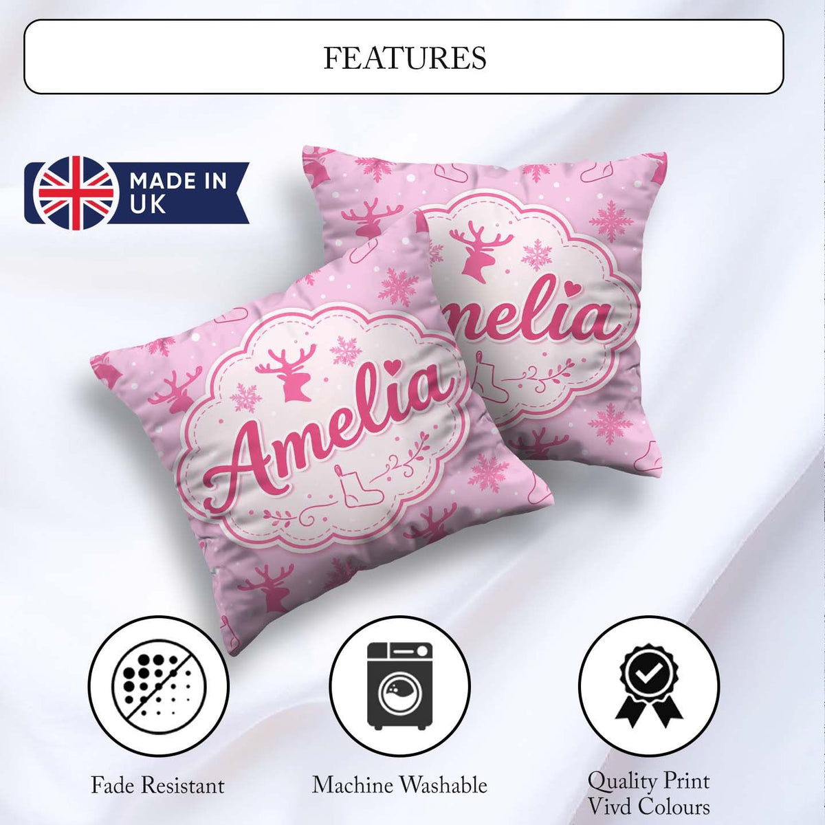 Custom Name Minimal Reindeer Snowflake Stocking Seamless Pattern Square Filled Cushion Throw Pillow Sofa Bed Home Decor Zip Washable UK Made