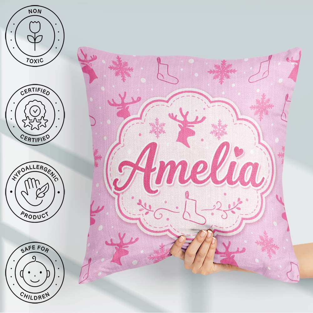 Custom Name Minimal Reindeer Snowflake Stocking Seamless Pattern Square Filled Cushion Throw Pillow Sofa Bed Home Decor Zip Washable UK Made