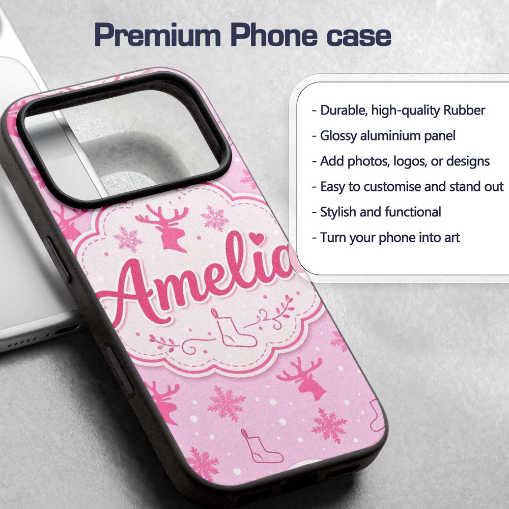 Minimal Pink Reindeer Snowflake Stocking Seamless Custom Name Protective Phone Case Mobile Cover Durable Everyday Smartphone Shock Resistant