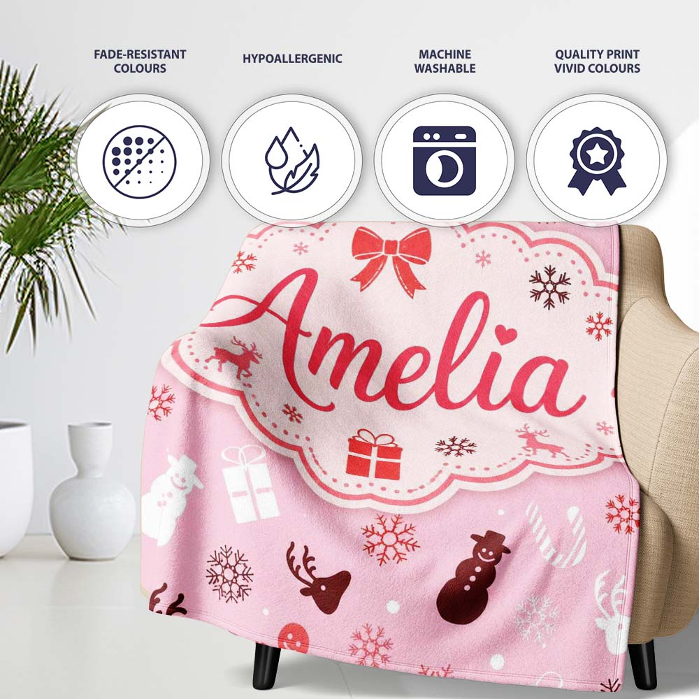 Festive Red White Christmas Mixed Seamless Pattern Cute Unique Gift  Personalised Custom Name Super Soft Fleece Blanket Bed Sofa Throw