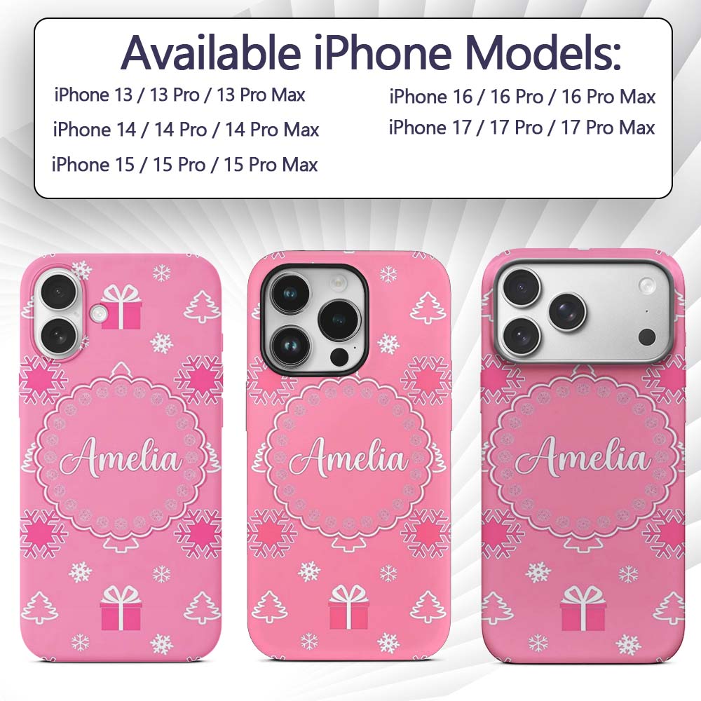 Simple Pink Snowflake Tree Gift Winter Seamless Custom Name Protective Phone Case Mobile Cover Durable Everyday Smartphone Shock Resistant