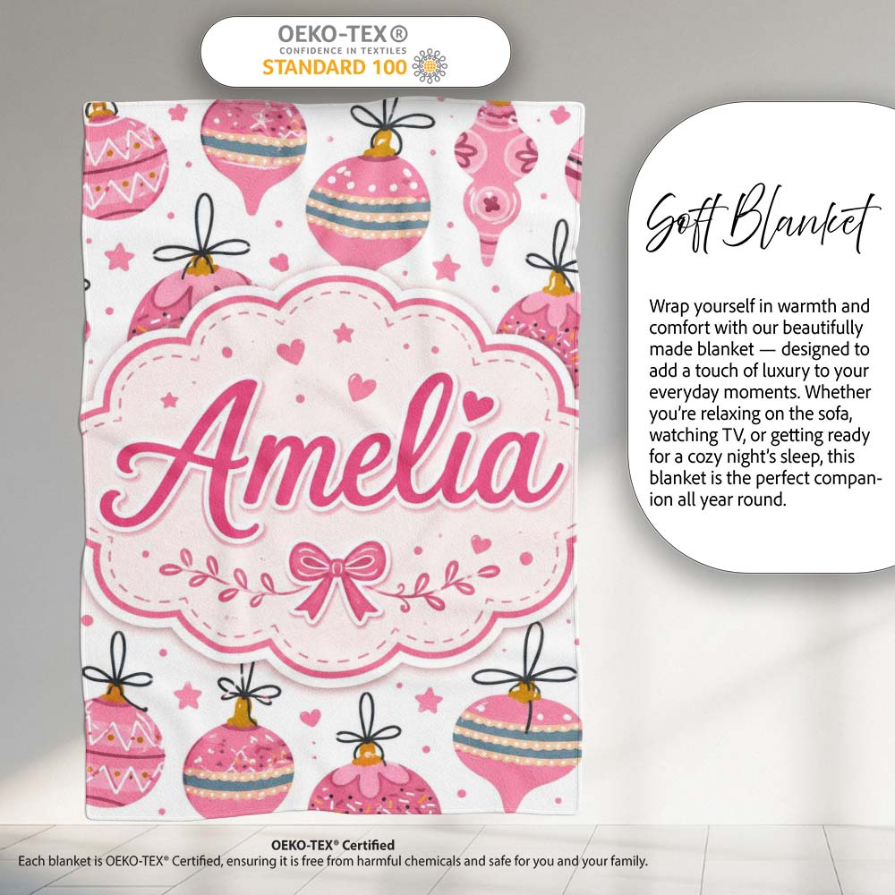 Cute Pink Christmas Baubles Ornament Hanging Seamless Pattern Lovely  Personalised Custom Name Super Soft Fleece Blanket Bed Sofa Throw