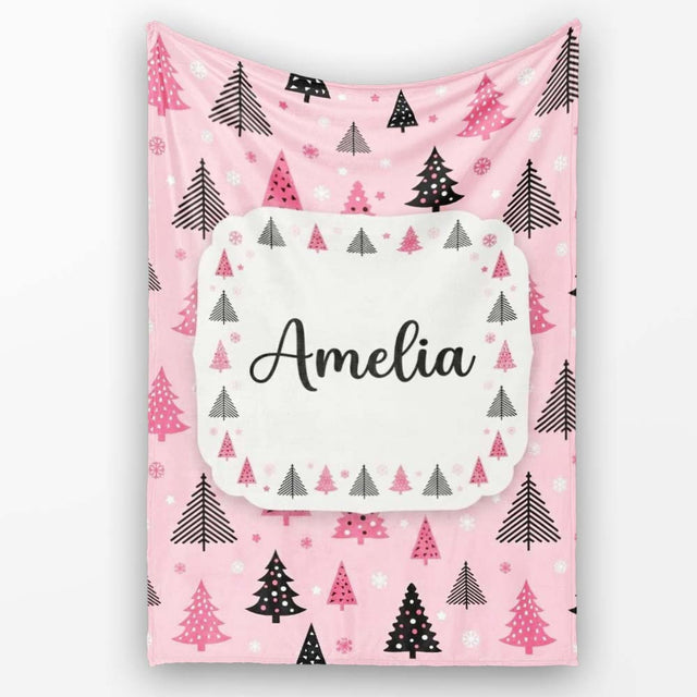 Modern Pink Black Christmas Tree Snowflake Seamless Pattern Lovely  Personalised Custom Name Super Soft Fleece Blanket Bed Sofa Throw