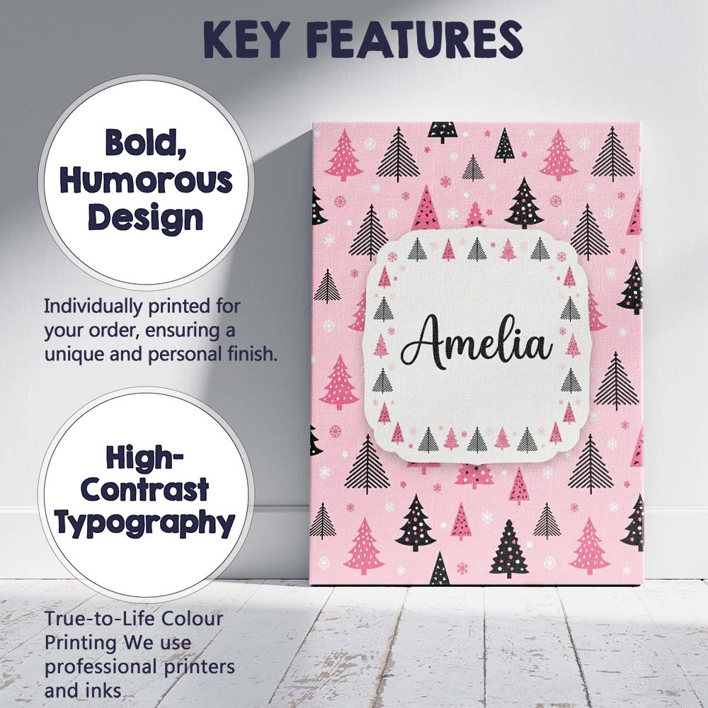 Personalised Name Modern Pink Black Christmas Custom Bespoke  Contemporary Display Canvas Wall Art Print Decor Picture Ready to Hang