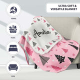 Modern Pink Black Christmas Tree Snowflake Seamless Pattern Lovely  Personalised Custom Name Super Soft Fleece Blanket Bed Sofa Throw