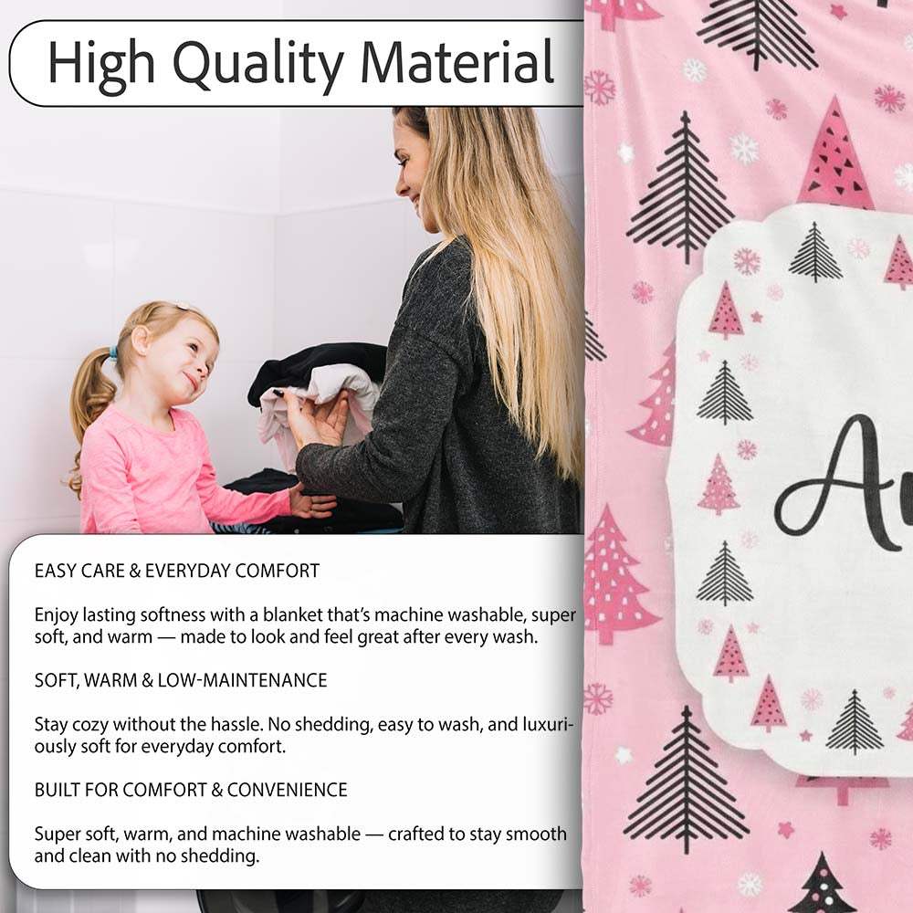 Modern Pink Black Christmas Tree Snowflake Seamless Pattern Lovely  Personalised Custom Name Super Soft Fleece Blanket Bed Sofa Throw