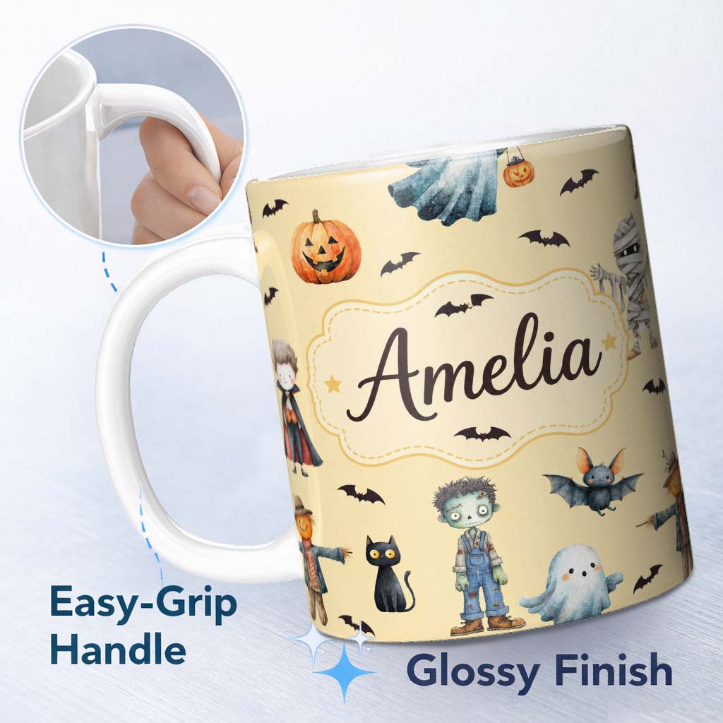 Personalized Custom Name Halloween Zombie Mummy Vampire and Bat Characters Yellow Background 11oz Ceramic Coffee Tea Mug White Large Handle