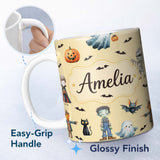 Personalized Custom Name Halloween Zombie Mummy Vampire and Bat Characters Yellow Background 11oz Ceramic Coffee Tea Mug White Large Handle