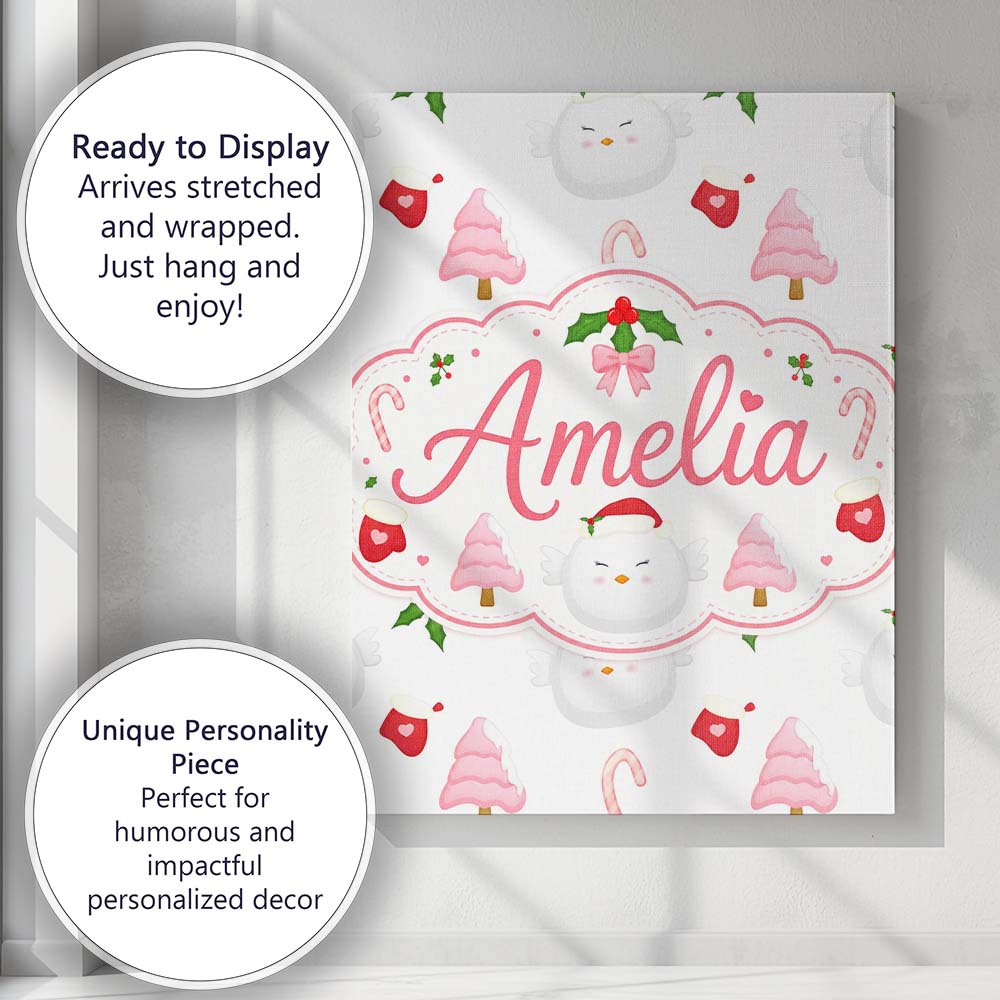 Personalised Name Cute Winter Bird Santa Custom  Unique Gift Idea Elegant Feature Canvas Wall Art Print Decor Picture Ready to Hang