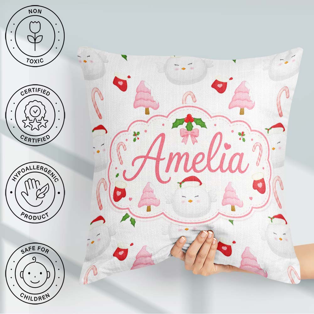 Custom Name Cute Winter Bird Santa Hat Candy Cane Holly Seamless Square Filled Cushion Throw Pillow Sofa Bed Home Decor Zip Washable UK Made