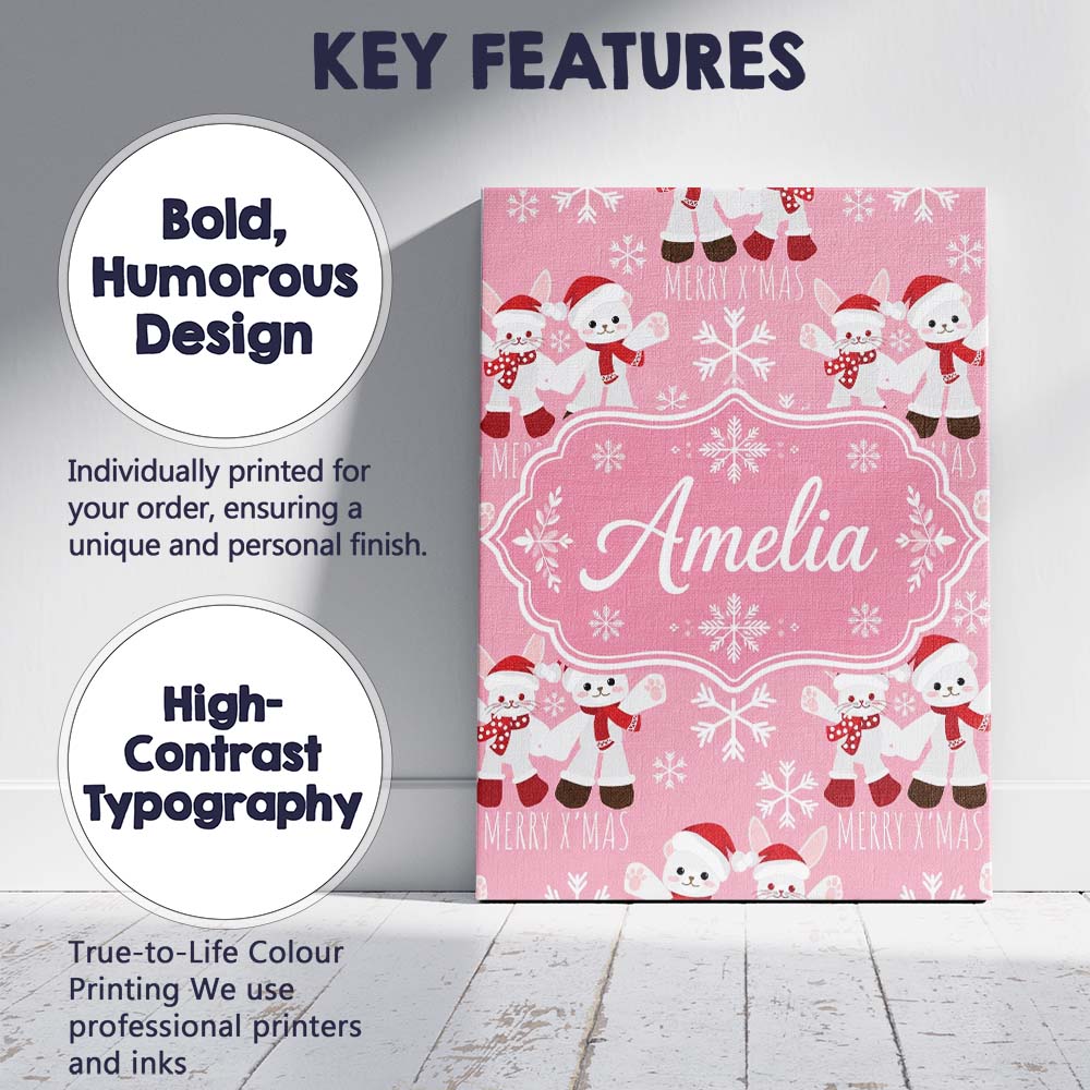 Personalised Name Cute Bunny Bear Merry Custom  Modern Room Accent Elegant Feature Canvas Wall Art Print Decor Picture Ready to Hang