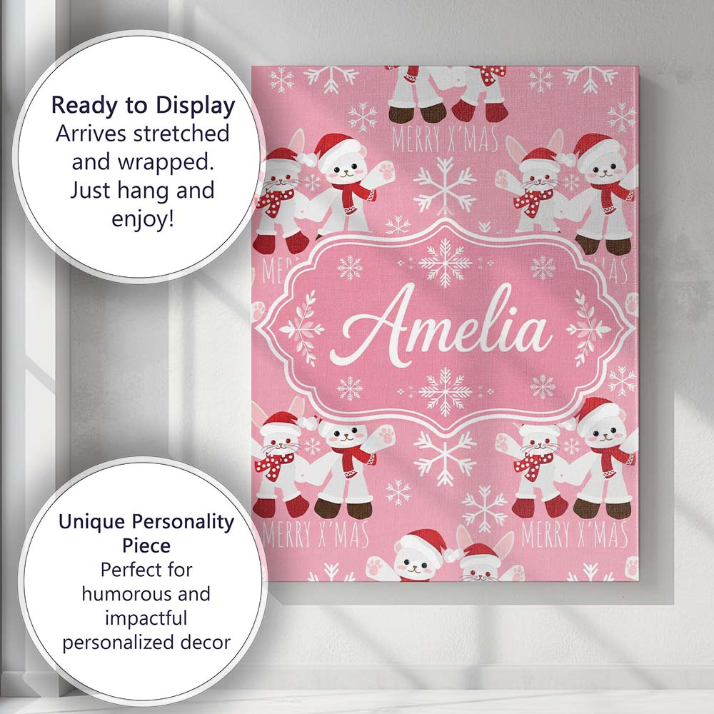 Personalised Name Cute Bunny Bear Merry Custom  Modern Room Accent Elegant Feature Canvas Wall Art Print Decor Picture Ready to Hang