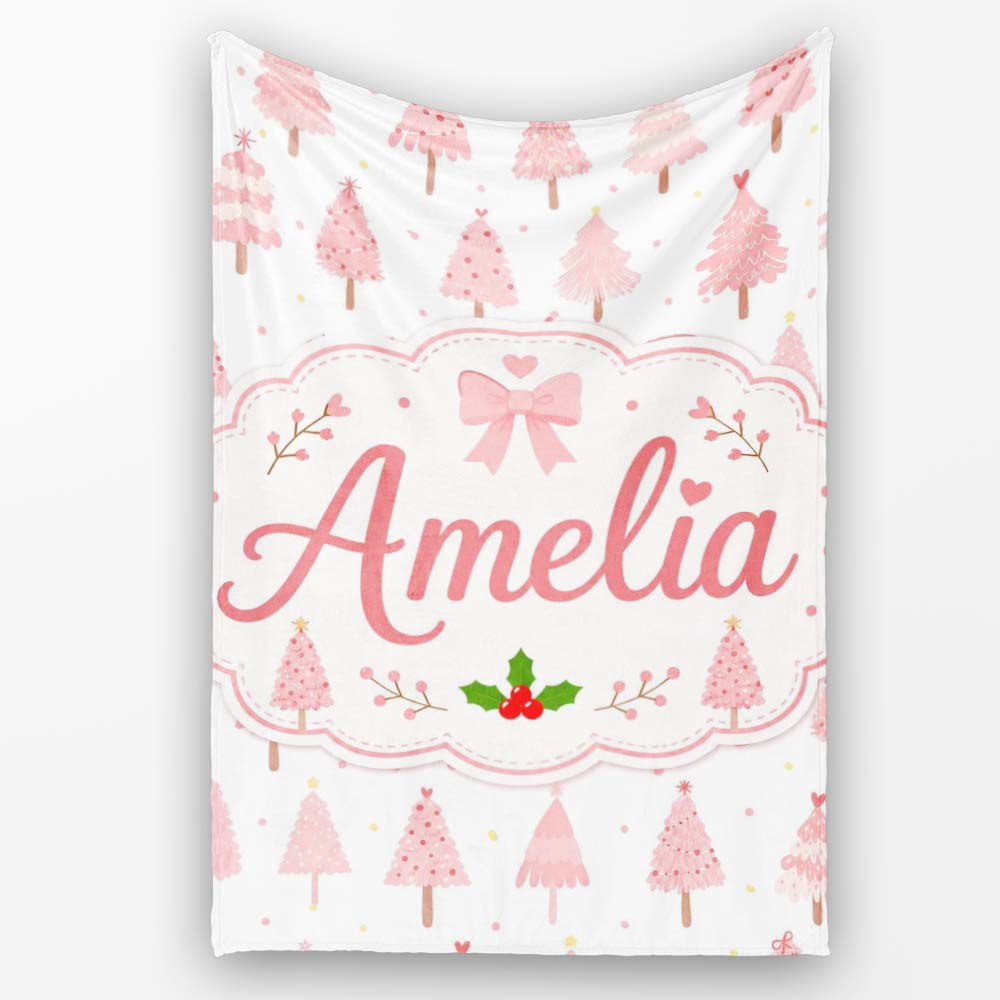 Soft Pink Christmas Tree Forest Cute Seamless Pattern Lovely  Personalised Custom Name Super Soft Fleece Blanket Bed Sofa Throw