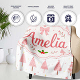 Soft Pink Christmas Tree Forest Cute Seamless Pattern Lovely  Personalised Custom Name Super Soft Fleece Blanket Bed Sofa Throw