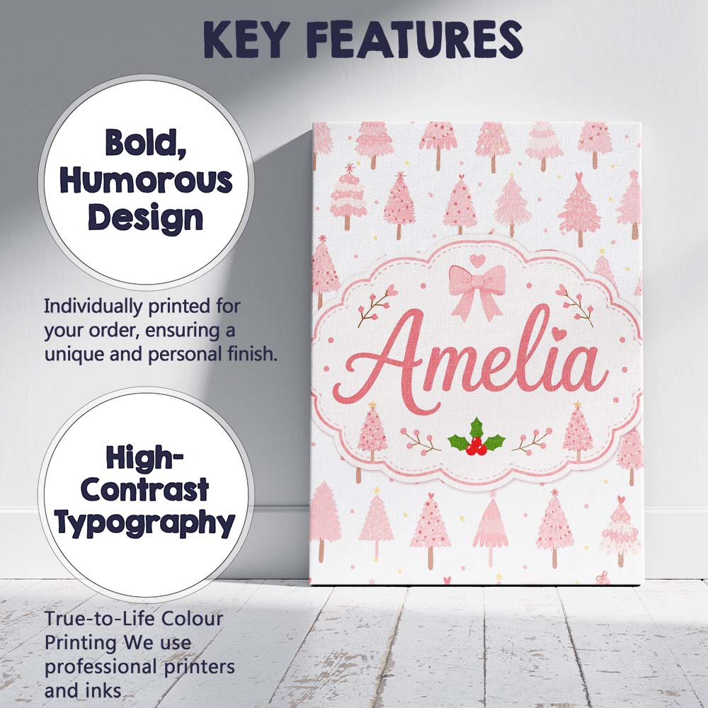 Personalised Name Soft Pink Christmas Tree Custom  Unique Gift Idea Elegant Feature Canvas Wall Art Print Decor Picture Ready to Hang