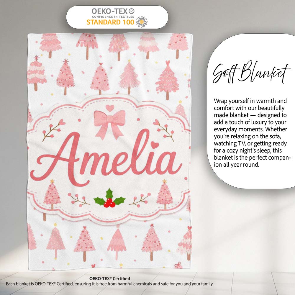 Soft Pink Christmas Tree Forest Cute Seamless Pattern Lovely  Personalised Custom Name Super Soft Fleece Blanket Bed Sofa Throw