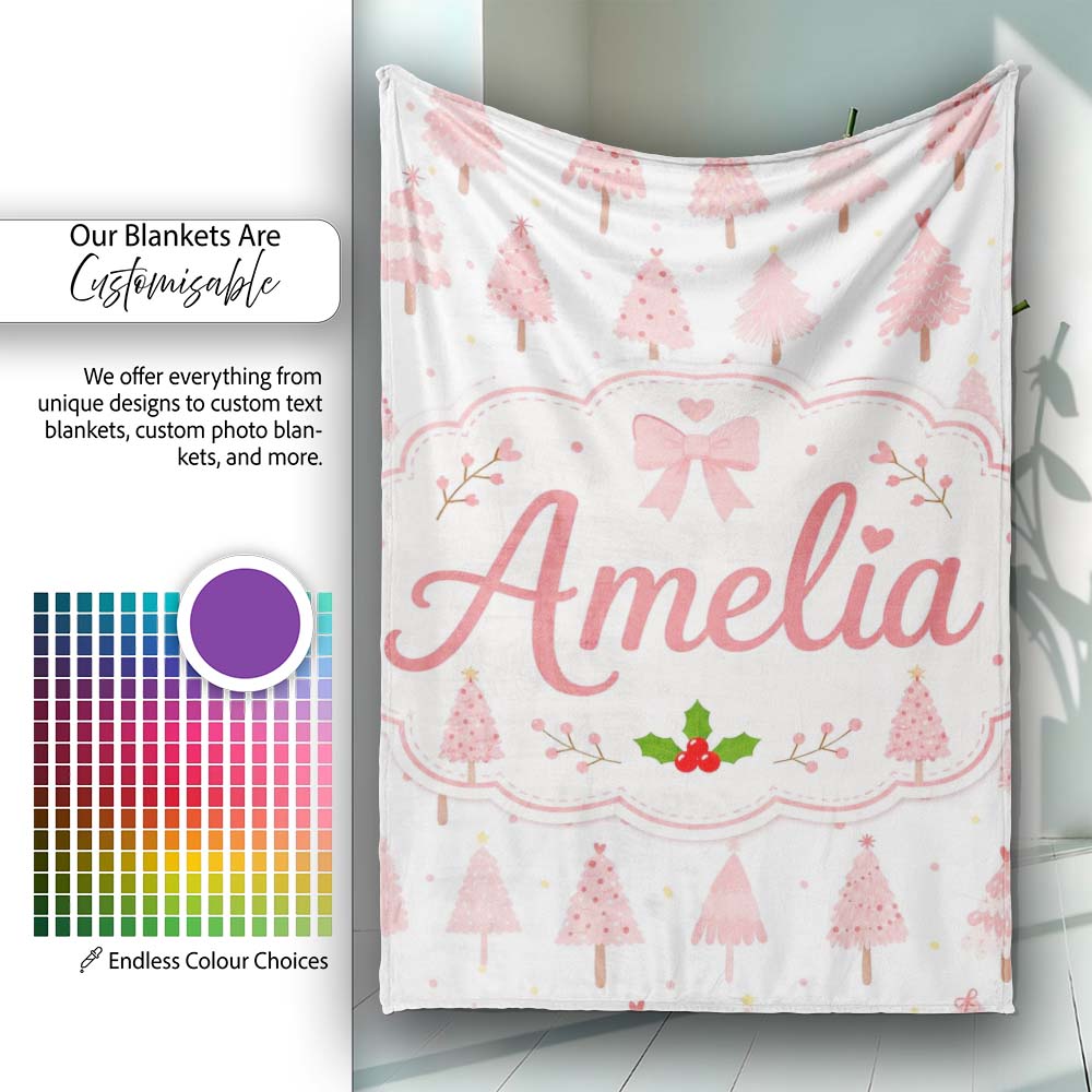 Soft Pink Christmas Tree Forest Cute Seamless Pattern Lovely  Personalised Custom Name Super Soft Fleece Blanket Bed Sofa Throw