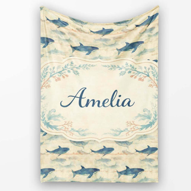 Ocean Whale Seamless Pattern Distressed Beige Marine Animal Design  Personalised Custom Name Super Soft Fleece Blanket Bed Sofa Throw
