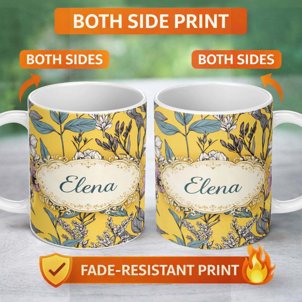 Personalized Custom Name Vintage Botanical Floral Illustration Yellow Background Lovely 11oz Ceramic Coffee Tea Mug White Large Handle