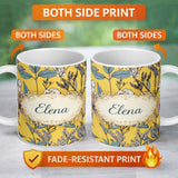 Personalized Custom Name Vintage Botanical Floral Illustration Yellow Background Lovely 11oz Ceramic Coffee Tea Mug White Large Handle