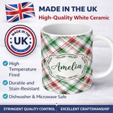 Personalized Custom Name Classic Red Green Watercolor Plaid Tartan Pattern Festive Textile 11oz Ceramic Coffee Tea Mug White Large Handle