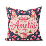 Custom Name Snowman Mittens Stars Winter Seamless Pattern Lovely Square Filled Cushion Throw Pillow Sofa Bed Home Decor Zip Washable UK Made