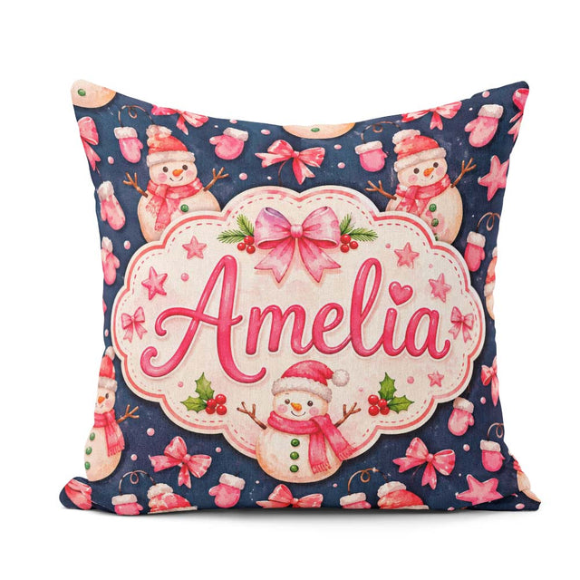 Custom Name Snowman Mittens Stars Winter Seamless Pattern Lovely Square Filled Cushion Throw Pillow Sofa Bed Home Decor Zip Washable UK Made