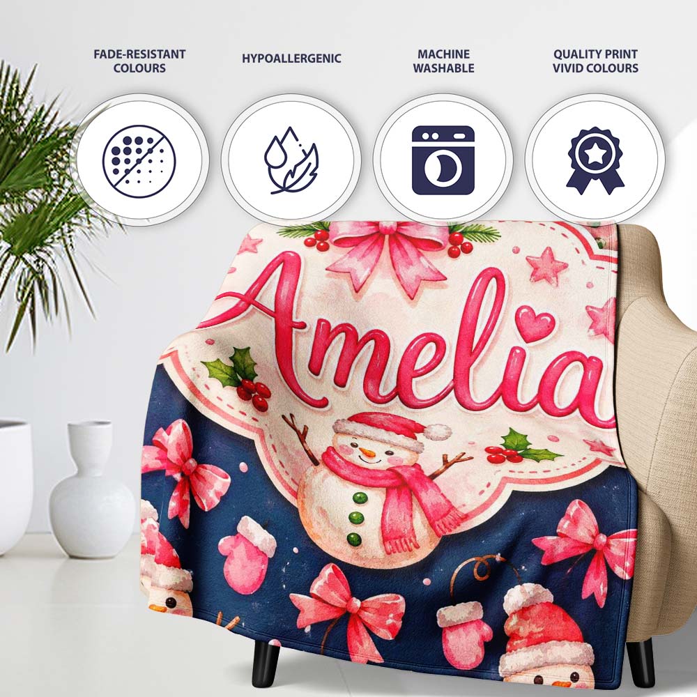 Watercolor Snowman Mittens Stars Winter Seamless Pattern Lovely  Personalised Custom Name Super Soft Fleece Blanket Bed Sofa Throw