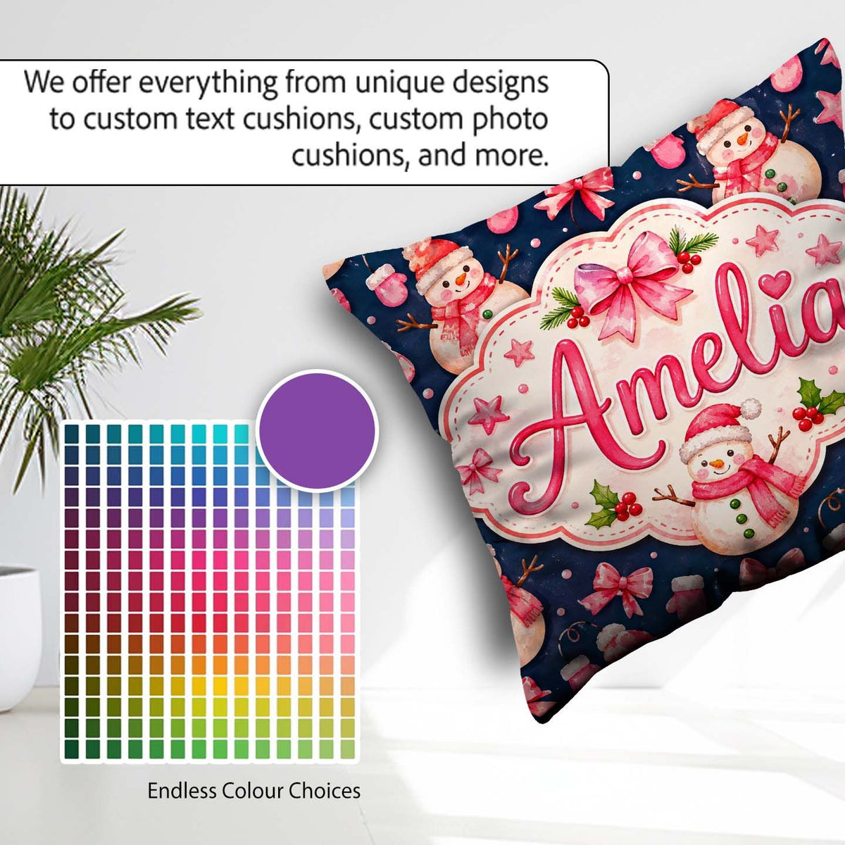 Custom Name Snowman Mittens Stars Winter Seamless Pattern Lovely Square Filled Cushion Throw Pillow Sofa Bed Home Decor Zip Washable UK Made