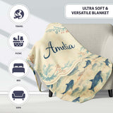 Ocean Whale Seamless Pattern Distressed Beige Marine Animal Design  Personalised Custom Name Super Soft Fleece Blanket Bed Sofa Throw