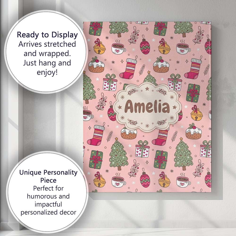 Personalised Name Cute Christmas Tree Custom  Unique Gift Idea Modern Room Accent Canvas Wall Art Print Decor Picture Ready to Hang