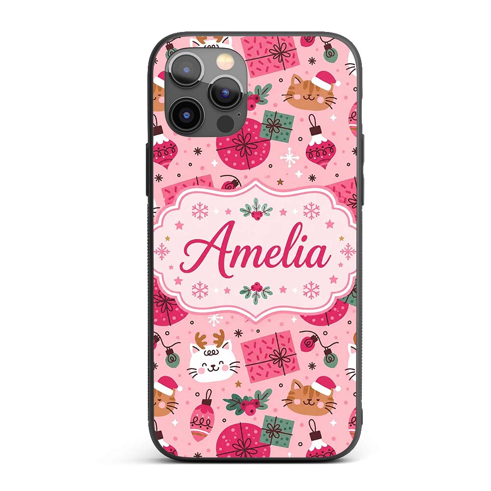 Cute Cat Reindeer Christmas Baubles Gift Seamless Custom Name Protective Phone Case Mobile Cover Durable Everyday Smartphone Shock Resistant