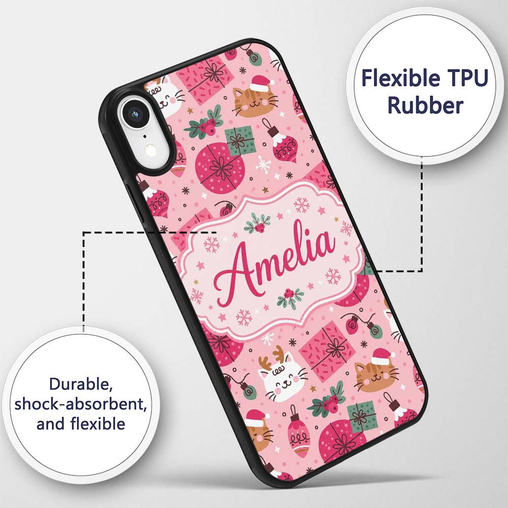 Cute Cat Reindeer Christmas Baubles Gift Seamless Custom Name Protective Phone Case Mobile Cover Durable Everyday Smartphone Shock Resistant