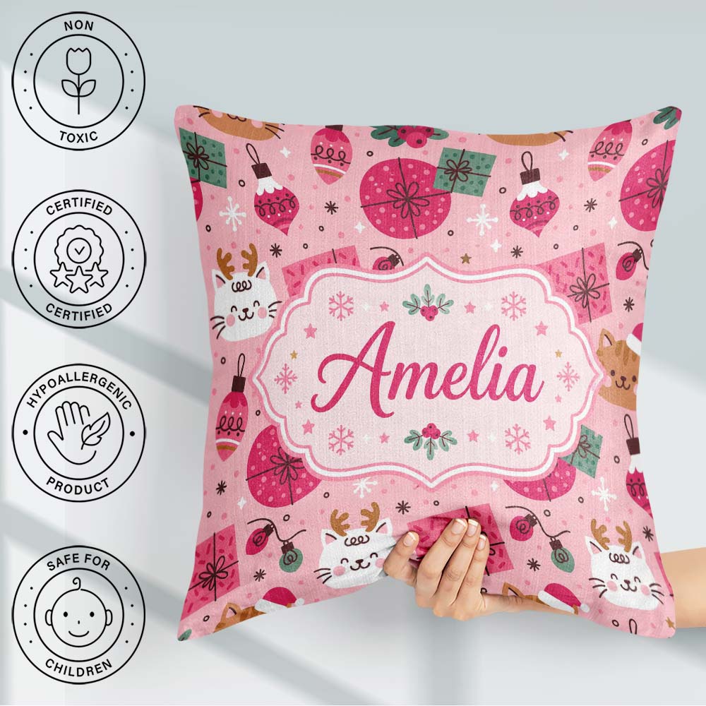 Custom Name Cute Cat Reindeer Christmas Baubles Seamless Pattern Square Filled Cushion Throw Pillow Sofa Bed Home Decor Zip Washable UK Made