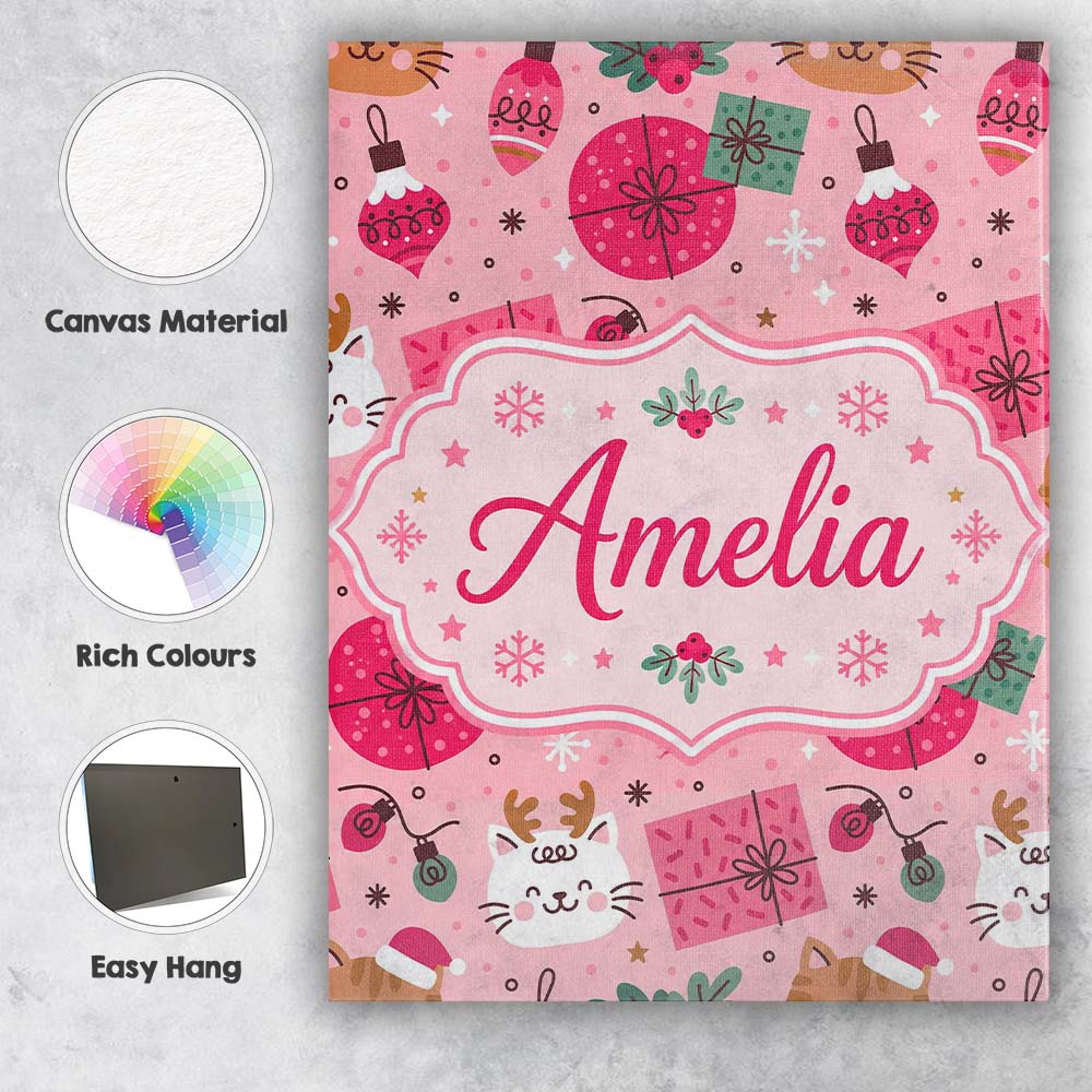 Personalised Name Cute Cat Reindeer Christmas Custom Unique Gift Idea Modern Room Accent Canvas Wall Art Print Decor Picture Ready to Hang