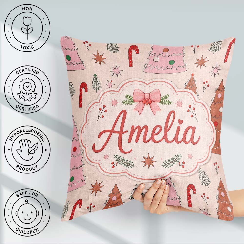 Custom Name Scandinavian Christmas Tree Candy Cane Star Seamless Square Filled Cushion Throw Pillow Sofa Bed Home Decor Zip Washable UK Made