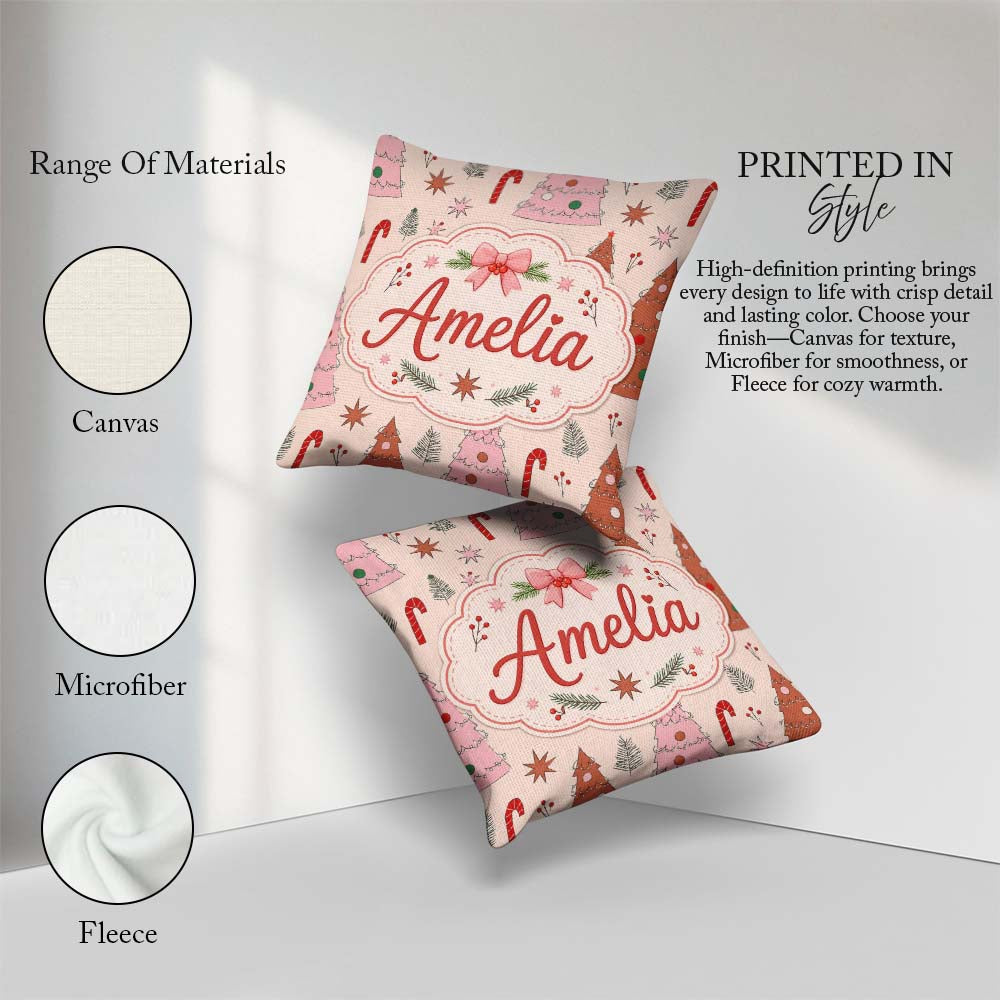 Custom Name Scandinavian Christmas Tree Candy Cane Star Seamless Square Filled Cushion Throw Pillow Sofa Bed Home Decor Zip Washable UK Made