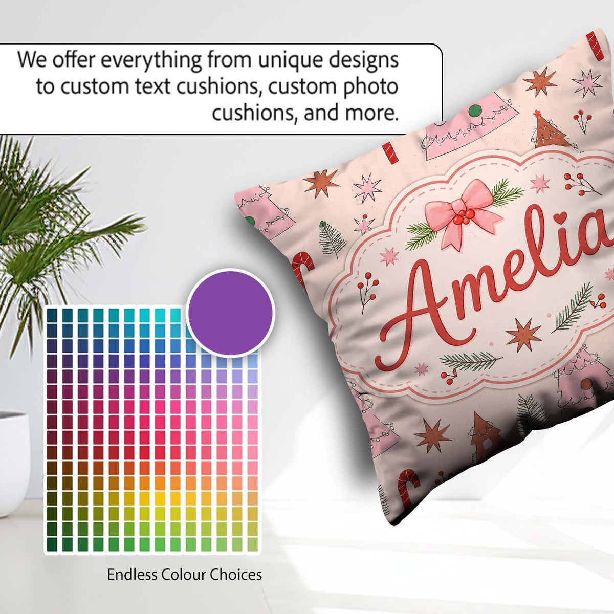Custom Name Scandinavian Christmas Tree Candy Cane Star Seamless Square Filled Cushion Throw Pillow Sofa Bed Home Decor Zip Washable UK Made