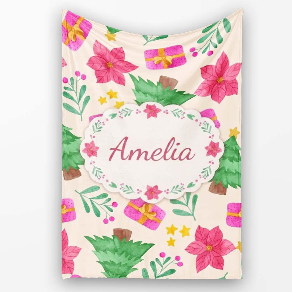 Watercolor Poinsettia Gift Christmas Tree Seamless Pattern Lovely  Personalised Custom Name Super Soft Fleece Blanket Bed Sofa Throw