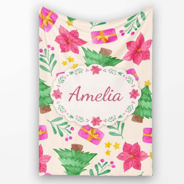 Watercolor Poinsettia Gift Christmas Tree Seamless Pattern Lovely  Personalised Custom Name Super Soft Fleece Blanket Bed Sofa Throw