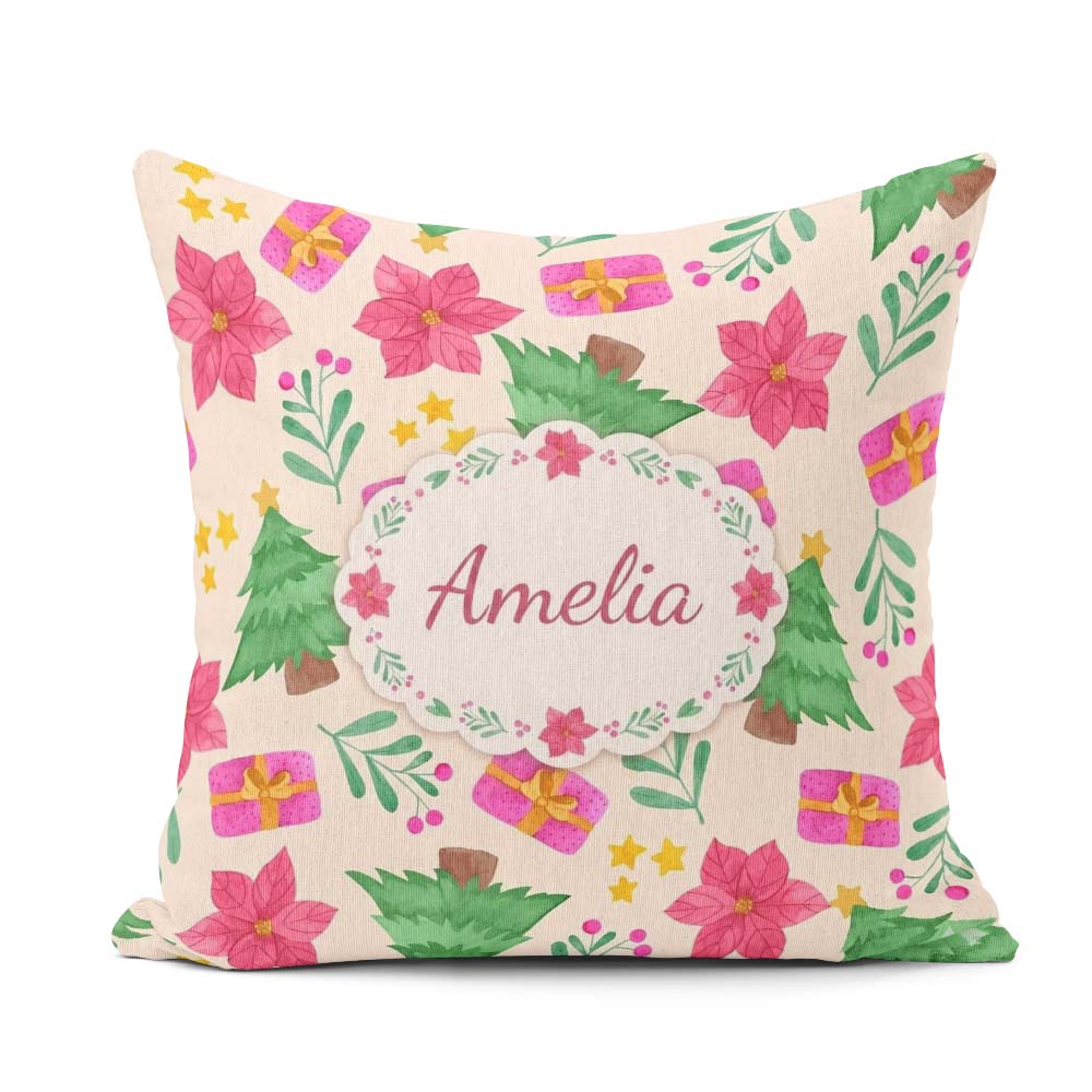 Custom Name Watercolor Poinsettia Christmas Tree Seamless Lovely Square Filled Cushion Throw Pillow Sofa Bed Home Decor Zip Washable UK Made