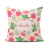 Custom Name Watercolor Poinsettia Christmas Tree Seamless Lovely Square Filled Cushion Throw Pillow Sofa Bed Home Decor Zip Washable UK Made